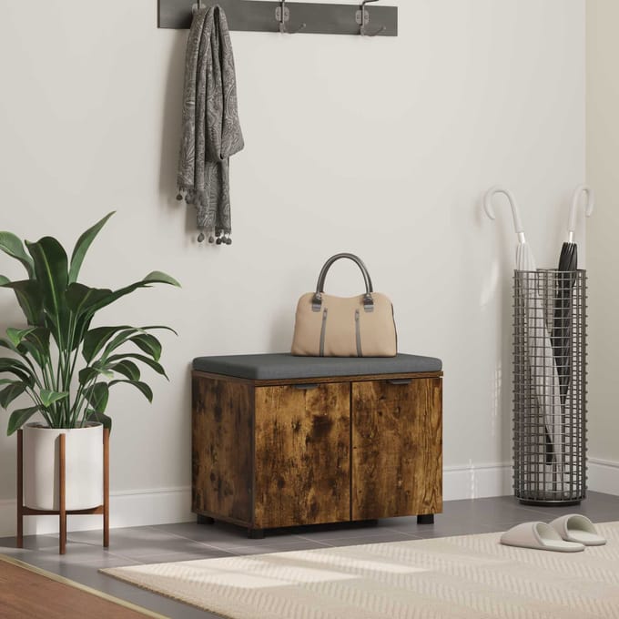 vidaXL - Hallenbank - met - kussen - met - plank - Gerookte - Eik - 60 - x - 38 - x - 46 - cm
