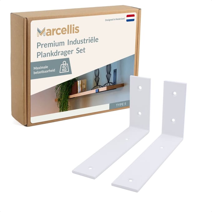 Marcellis - 2x Industriële plankdrager - Voor plank 15 tot 20cm + schroefset - mat wit - staal - T5