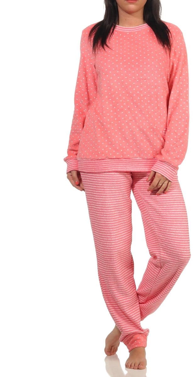 Damesbadstofpyjama met manchetten in hartjesstippen en ringdesign - ook in oversized maten