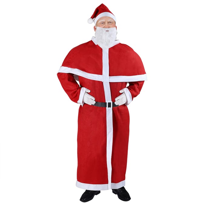 Detex Kerstman Kostuum - 5 delig Mantel Riem Cape Baard Kerstmuts - Rood