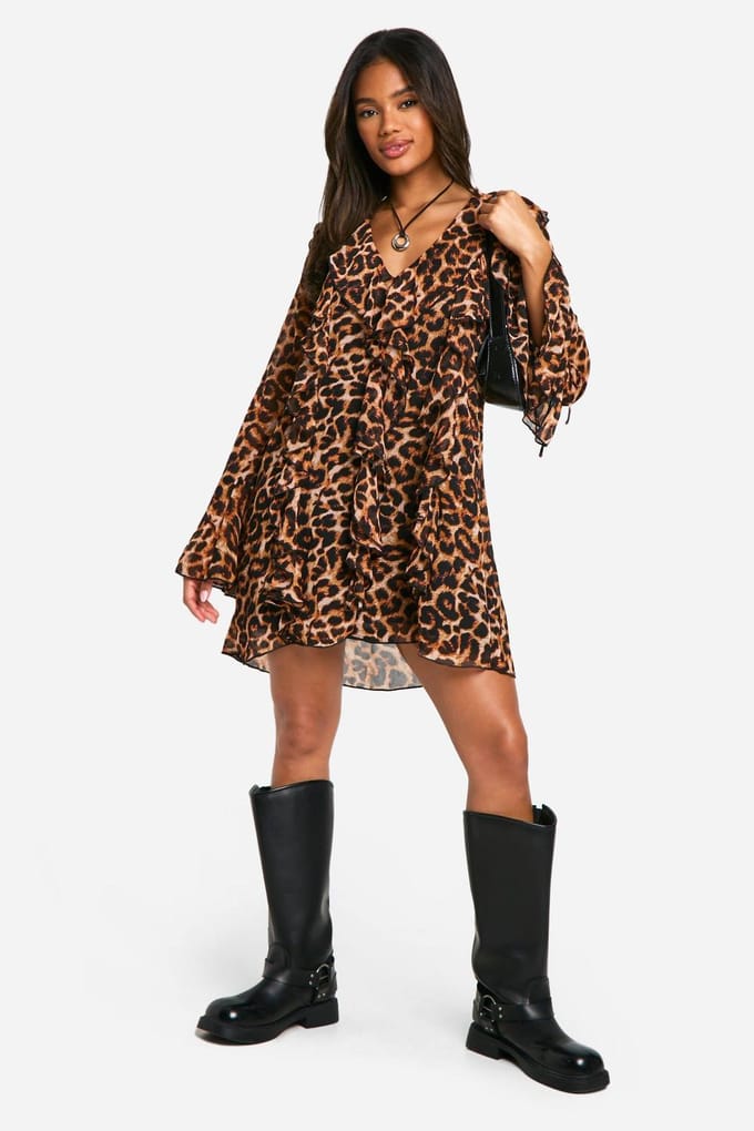 boohoo Dames Leopard Ruffle Shift Jurk | Brown | Maat: 8