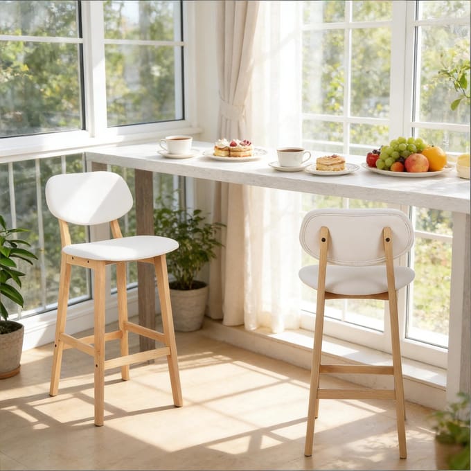 REDOM Barkrukken - Met Rugleuning - Modern - Keuken en Bar - Hout en Kunstleer - Wit - Set van 2