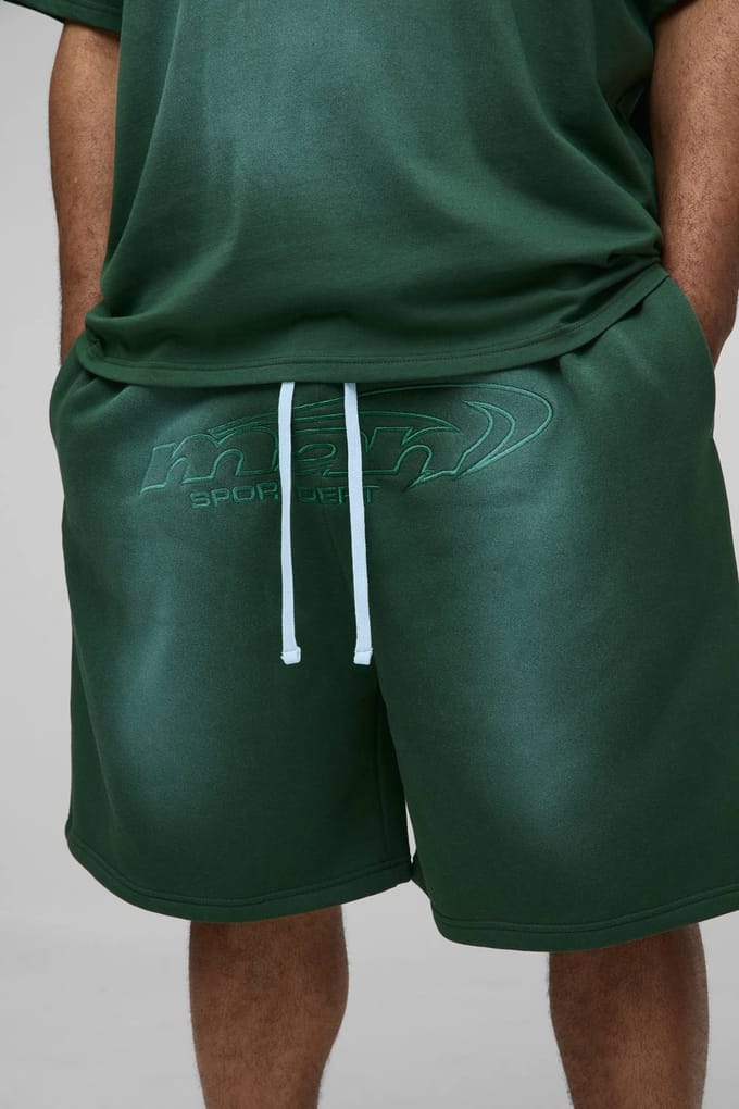 Plus OFCL Applique Spray Wash T-Shirt & Oversized Drop crotch Short Set | Green | Size 4XL