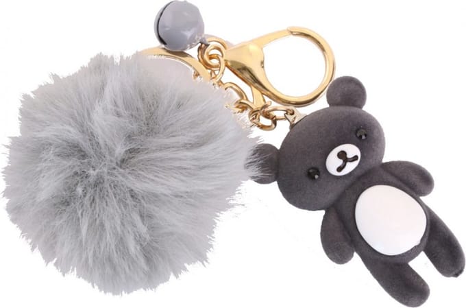 Sleutelhanger teddybeer met pompon - Zwart / grijs