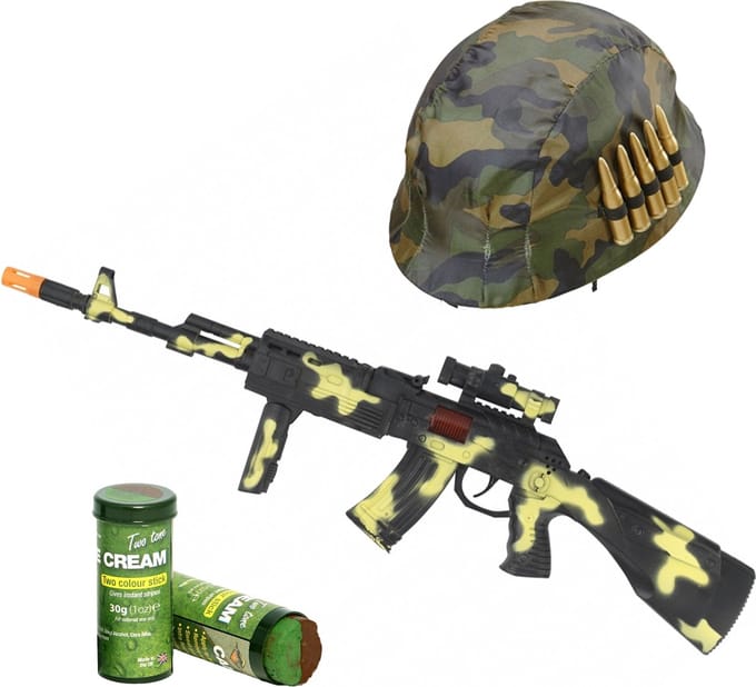 Widmann Leger soldaten verkleed set - volwassenen - Helm - Machinegeweer - schminkstift