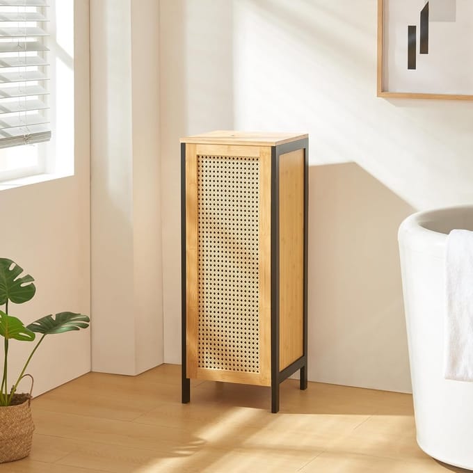 Grote Zwarte Wasmand met Deksel en Rotan Look - 51 Liter