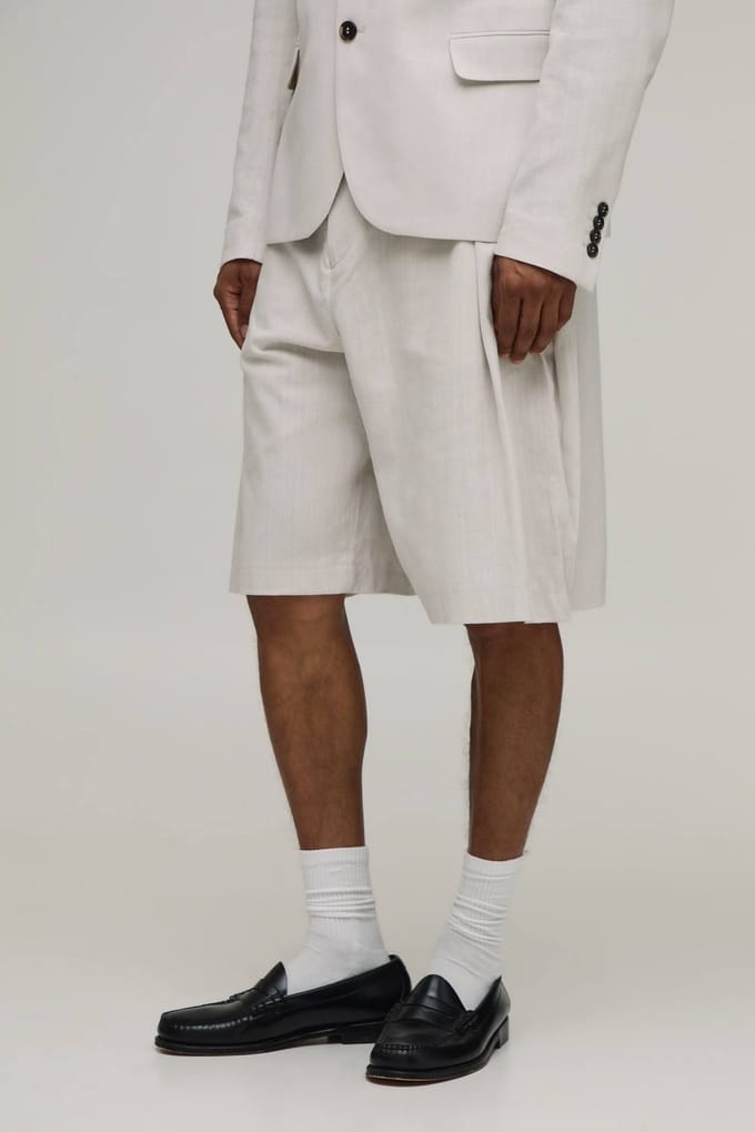 Linnen-look Wide Fit Plooifront Getailleerde Jorts | Stone | Size 28