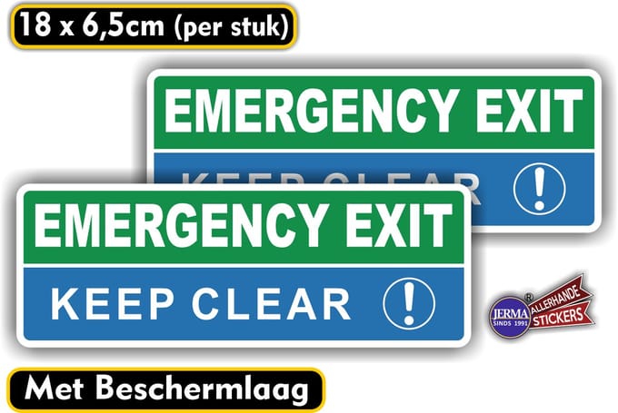 Jerma - Emergency exit keep clear stickers - 2 stuks - 18 x 6.5 cm - weerbestendig