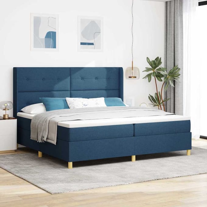 vidaXL - Boxspring - bed - met - LED-stripverlichting - Blauw - 200 - x - 200 - cm - Stof