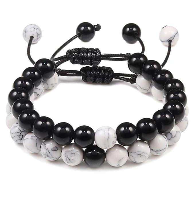 Vriendschapsarmbanden Set van 2 – Zwart/Wit Natuursteen – Verstelbare Koppelarmbanden - EmmyRovi