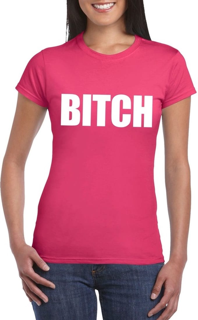 Bitch tekst t-shirt roze dames XL