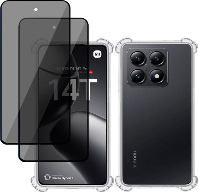 Hoesje + 2x Privé Screenprotector geschikt voor Xiaomi 14T Pro – Privacy Tempered Glass - Case Transparant