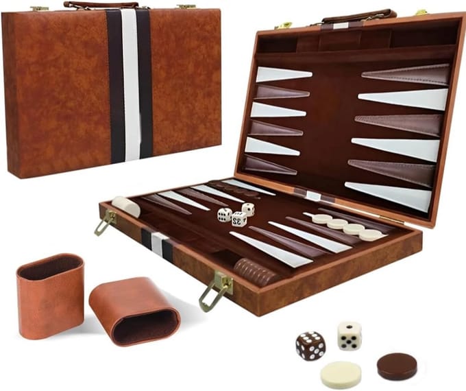 Backgammon Set - Reis Spel - Strategisch Spelen - Draagbaar Kofferontwerp - 28 x 19.5 cm - Bruin