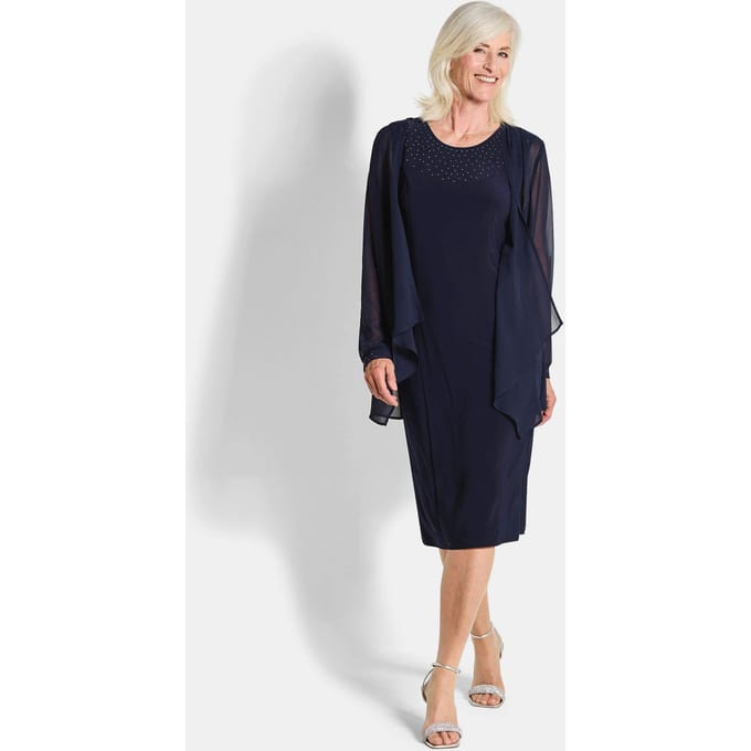 Goldner Jurk met chiffon omslag Elegante jerseyjurk met chiffonjasje
