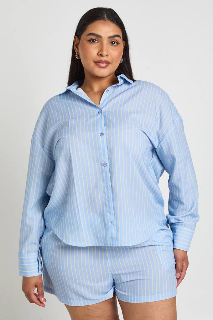 boohoo Dames Plus Gestreepte Short Met Elastische Tailleband | Blauw | Maat: 46