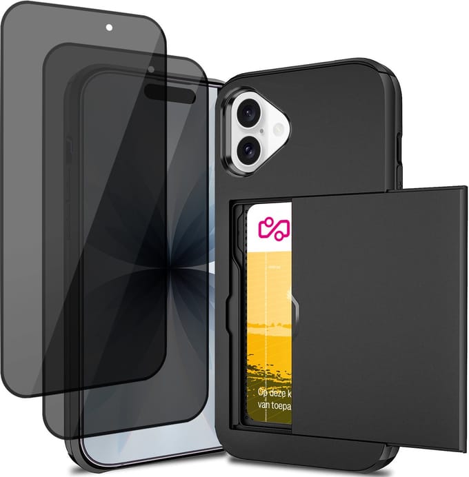 Hoesje met Pasjeshouder geschikt voor iPhone 17 - 2x Privacy Screen Protector FullGuard - Back Cover SlideCase Zwart & Screenprotector