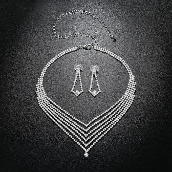 Mode Persoonlijkheid, Bruidsaccessoires Elegante Glanzende Strass Oorbellen Oorbellen Ketting Set zilver