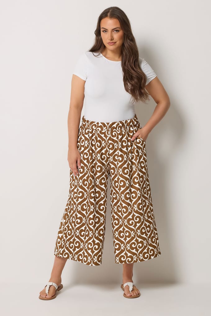 Yours Bruine Abstracte Plissé Cropped Broek Size 44