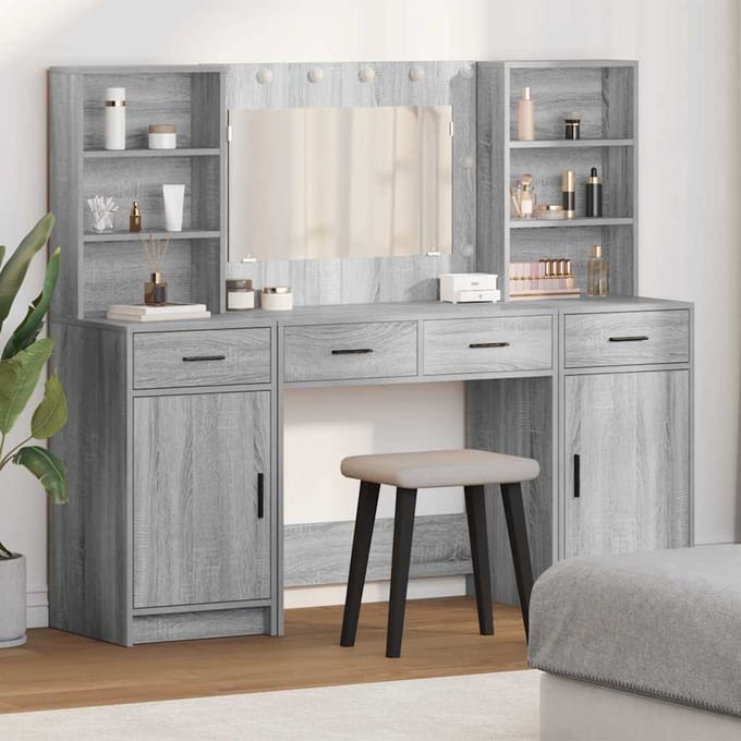 vidaXL - Dressing - tafel - set - met - LED - 3 - st - Grijs - Sonoma - Bewerkt - hout