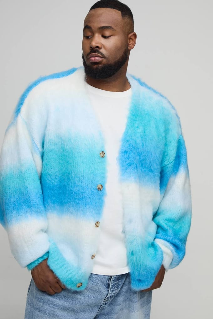 Plus Boxy Oversized Brushed Stripe Knitted Cardigan | Blue | Size 3XL