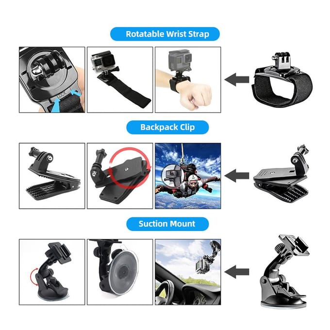 84-in-1 Action Camera Accessoires Kit Sportcamera Accessoires Set met Draagtas Vervanging zwart