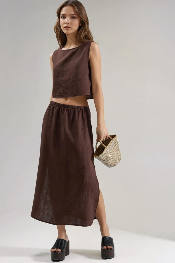 Crop Blouse en Rok met Sleuvendetails Muslin Tweedelige Set