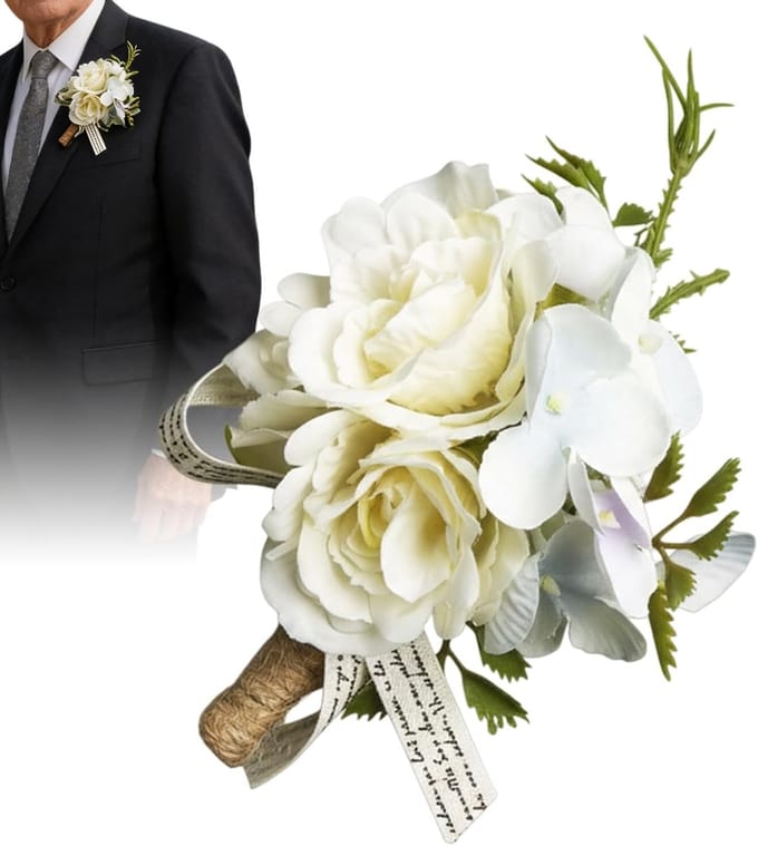 Bruidegom Corsage - Bloem Reversspeld - Bruiloft Accessoire - Kunstzijde Kwaliteit - 7x12 cm - Wit