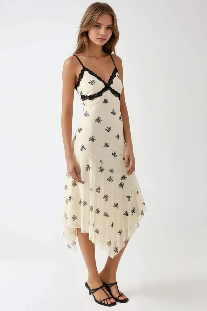 V-hals Gedrukte Bodycon Maxi Jurk met Kantdetails