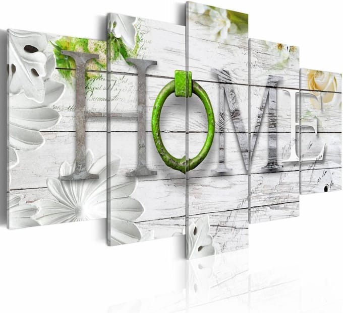 Schilderij - Thuishaven: Home - groen , hout look , 5 luik
