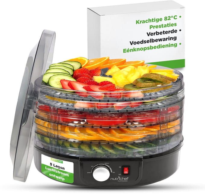 NutriChef Voedseldroger – 5 Laags Droogmachine met Temperatuurcontrole tot 82°C – Rond zwart