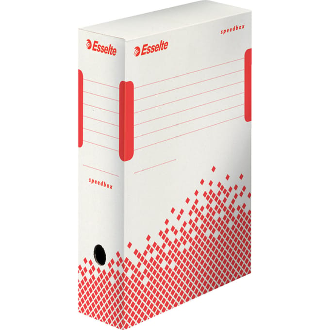 Esselte Speedbox Duurzame Archiefdoos 100 voor A4 Documenten - 10x25x35cm (BxHxL) - 100% Recyclebaar - Wit/Rood