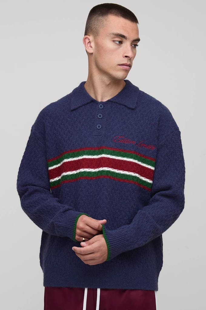 Oversized Embroidered Panel Textured Knitted Polo T-Shirt | Navy | Size Medium
