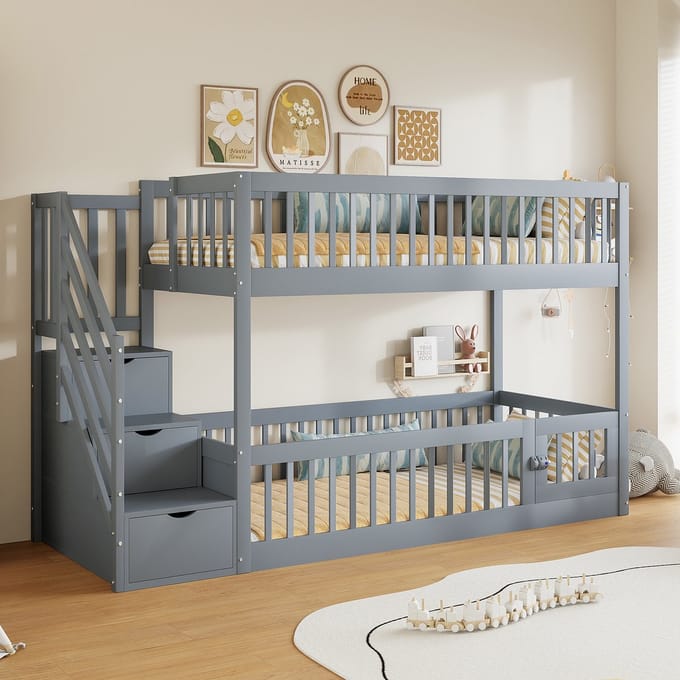 Stapelbed 90x200 - Kinderbed met Lades en Veiligheidsladder - Grijs - Hout