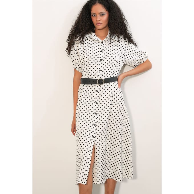 Gepunktece Makkelijk Midi Shirtjurk met Ceintuur