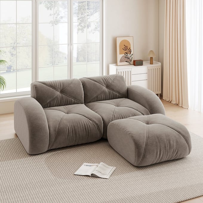 MODENUIT Modulaire Bank 2-Zits Met Hocker - Framevrij En Flexibele Opstelling - Voor Woonkamer - Chenille Bruin