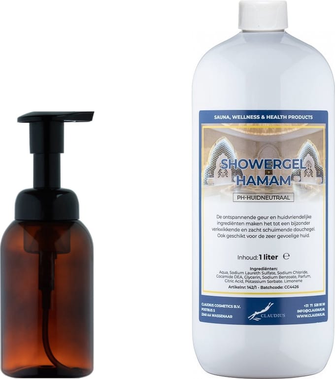 Zeepdispenser 300 ml amber bruin hervulbaar + 1 liter Showergel Hamam navulling