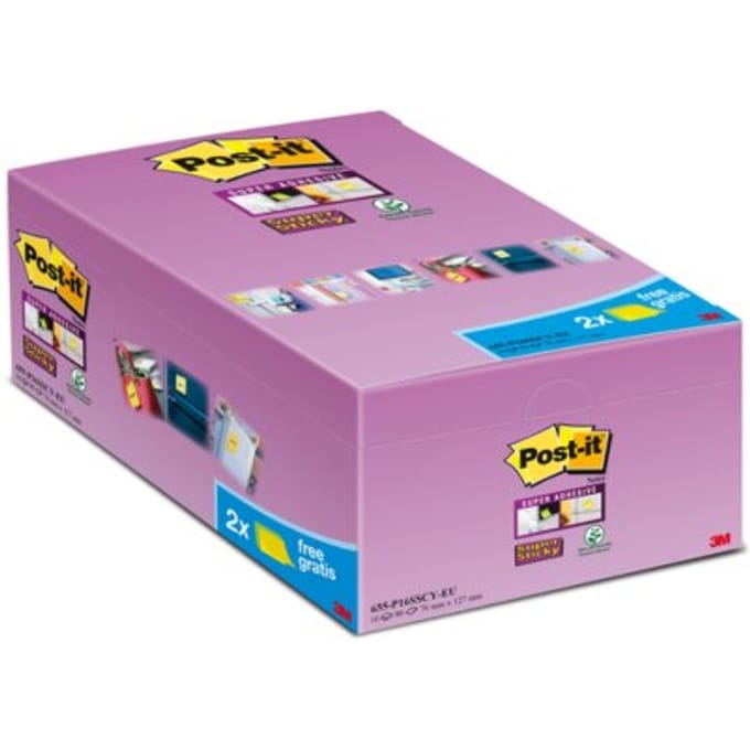 Memoblok post-it 655 super sticky 76x127mm geel 14+2 gratis