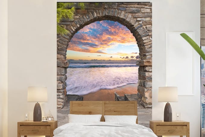 Behang - Fotobehang Avond - Zee - Strand - Doorkijk - Breedte 145 cm x hoogte 220 cm