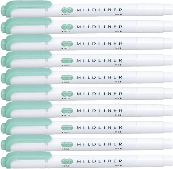 Zebra Mildliner Double-Sided Highlighter - Fine / Bold – Mild Blue / Green Set van 10 + een Luxe Zipperbag - WKT7-MBG