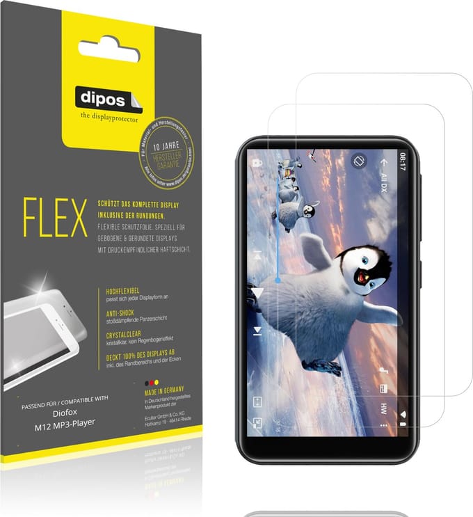 dipos – 2x Beschermfolie geschikt voor Diofox M12 MP3-Player | 3D Full Cover Screenprotector | 100% Passend