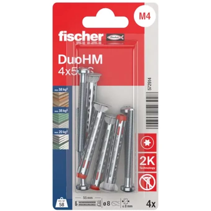 Fischer Plug Voor Holle Wand Duohm Metaal - Diam. 4x55mm - 4 Stuks
