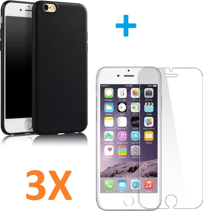 Soft TPU Zwart hoesje Silicone Case + 3 stuks Glas Screenprotector - Geschikt voor: iPhone 7 Plus / 8 Plus