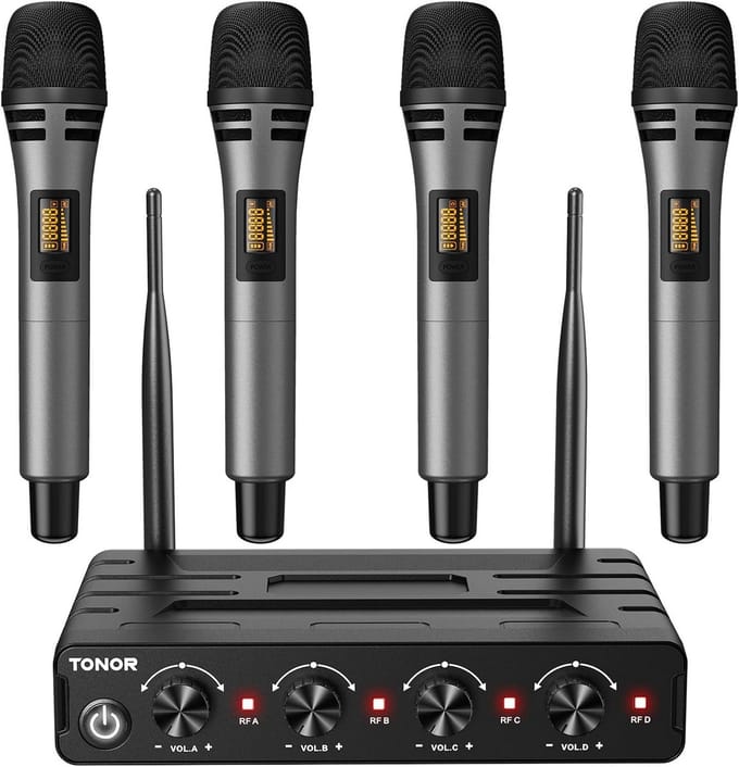 Draadloos Microfoonsysteem met 4 Handheld Mics, UHF, 60M Bereik voor Karaoke en Optredens