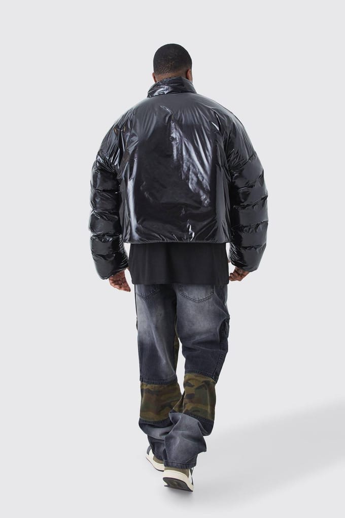 Plus Boxy High Shine Volume Padded Puffer Bomber Jacket | Black | Size 2XL