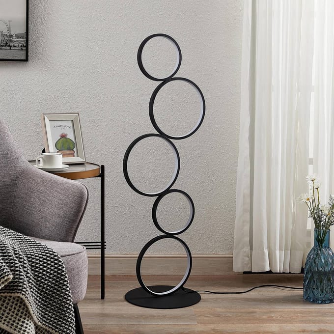 Lindby LED vloerlamp Jacek, zwart, metaal, 110 cm, ringen