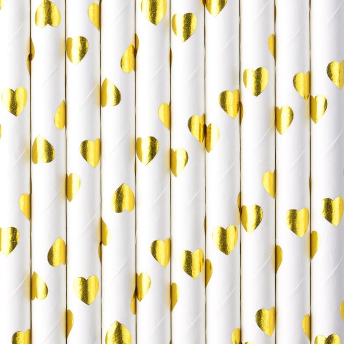 Partydeco Drinkrietjes - papier - 50x - wit/goud hartjes - 19,5 cm - rietjes