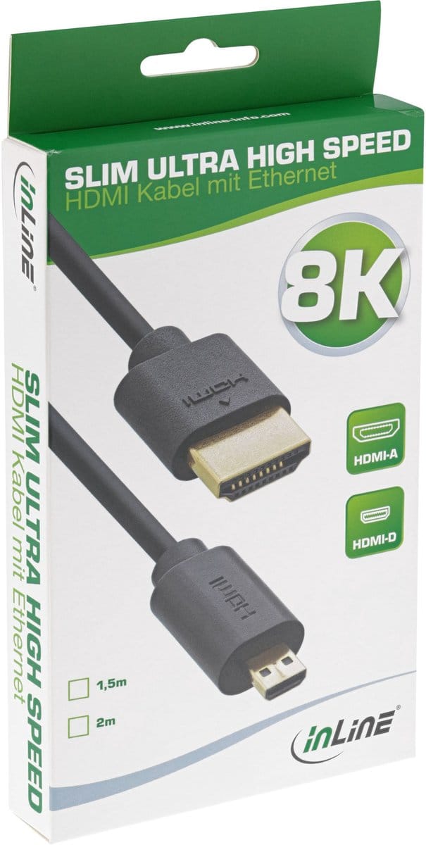 InLine® Slim Ultra High Speed HDMI kabel, 8K4K, A male / D male (Micro), 2m