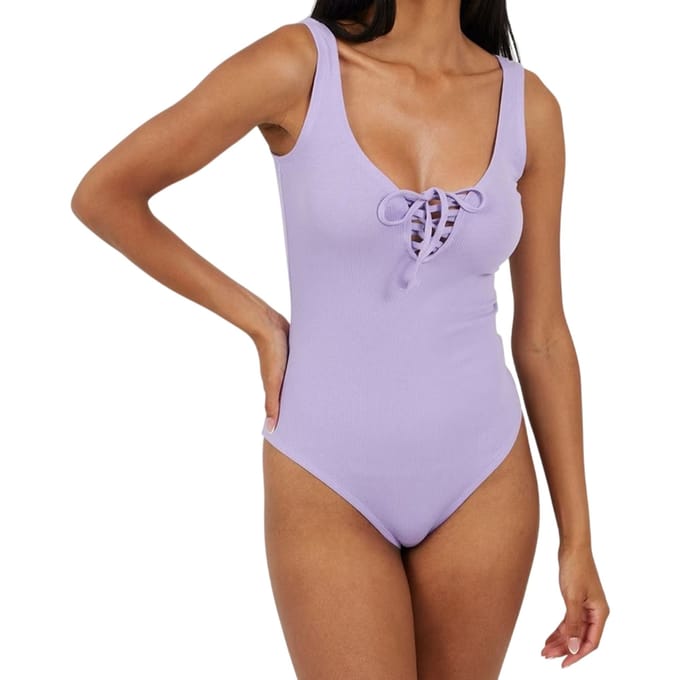 Brave Soul Dames Kanten Bodysuit met Veters (Violet)