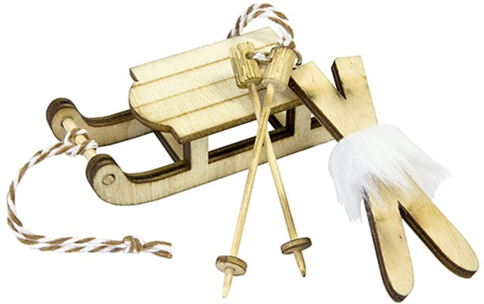 HOBI - Houten decoratie slee en skipaar 7,8 x 3 cm voor Kerstmis