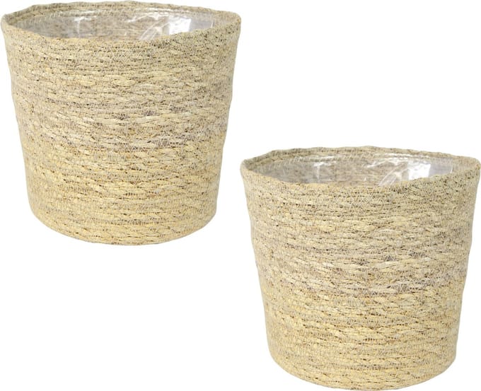 Ter Steege Plantenpot - Set van 3x stuks - beige - gevlochten zeegras - 30 x 26 cm - plastic binnenkant